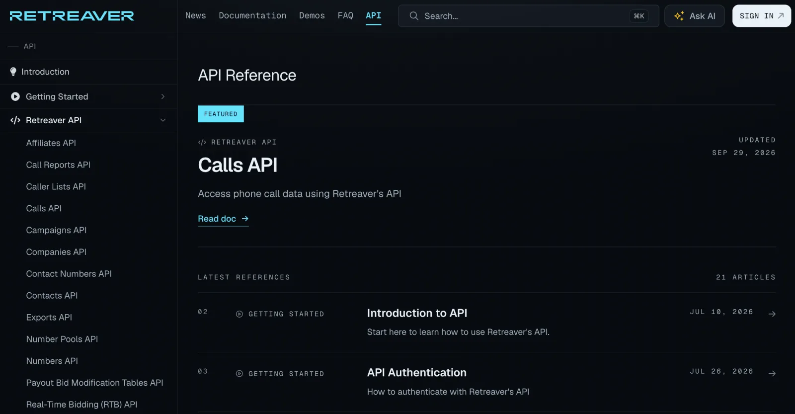 Retreaver API Documentation: API reference for calls, campaigns, affiliates, and more